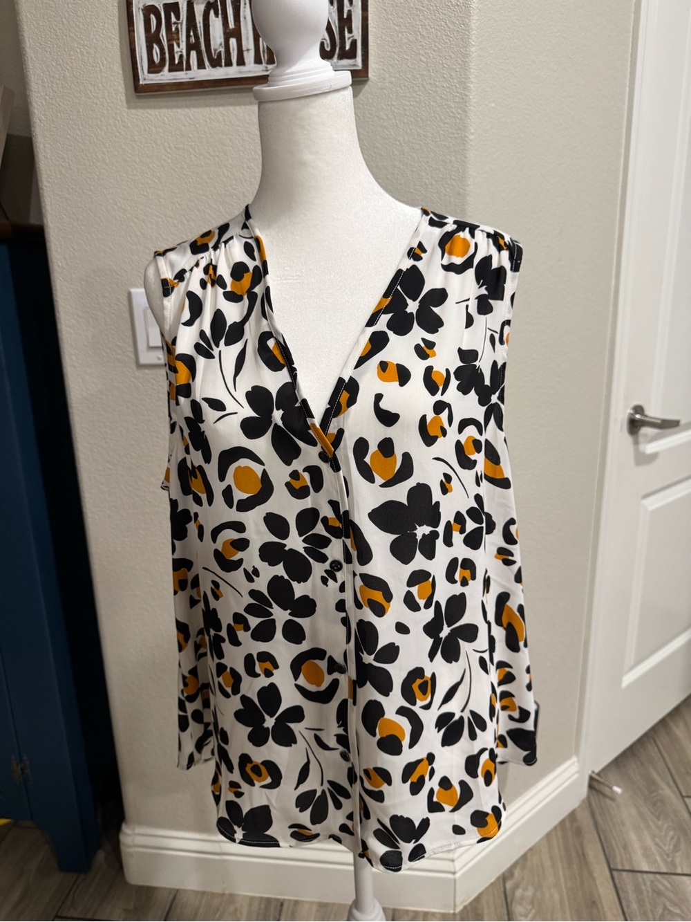 CAbi Sleeveless V-Neck Floral Camisole in White, Black & Mustard